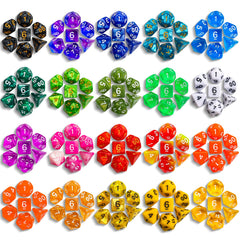 Close-up of double-color dice with large numbers for easy reading.