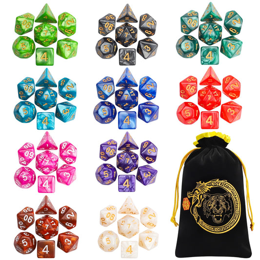 CiaraQ dice set on table with colorful polyhedral dice for smooth D&D sessions.