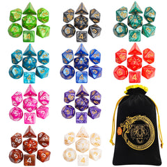 CiaraQ dice set on table with colorful polyhedral dice for smooth D&D sessions.