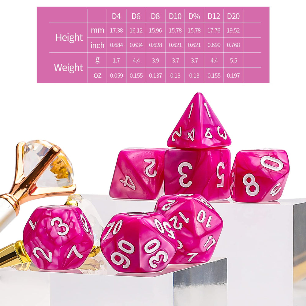 CiaraQ polyhedral dice with velvet bag for convenient storage and transport.