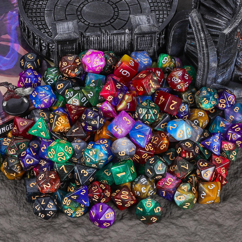 CiaraQ DND dice artwork showcases galaxy swirl patterns on each die.
