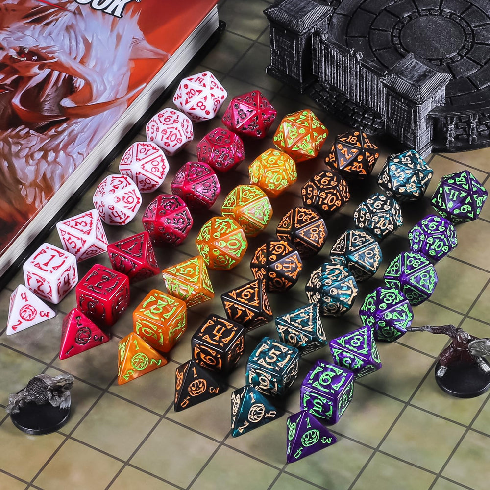CiaraQ polyhedral dice including d20, d12, two d10s, d8, d6, and d4 for adventures.