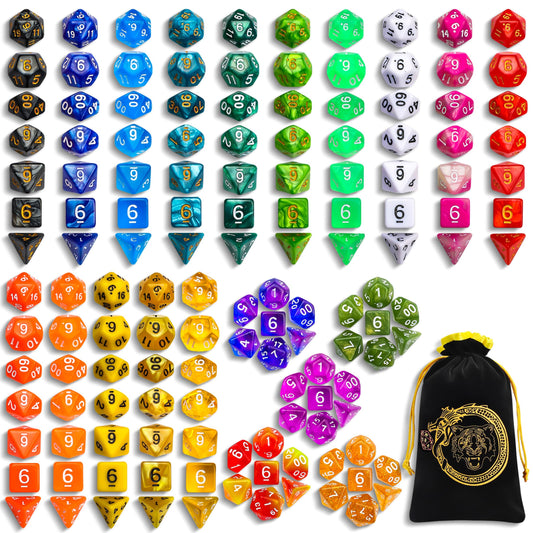 CiaraQ polyhedral dice in mixed colors, ideal for D&D and other tabletop RPGs.