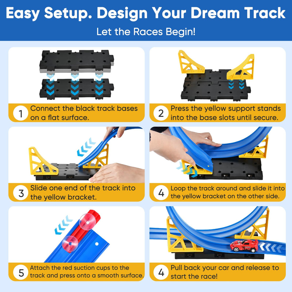 Cieex suction cups attach to smooth surfaces for elevated track play