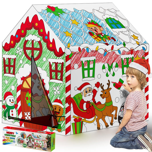 Cinrobiye Christmas Playhouse Tent with gingerbread-house design for festive coloring and imaginative play.