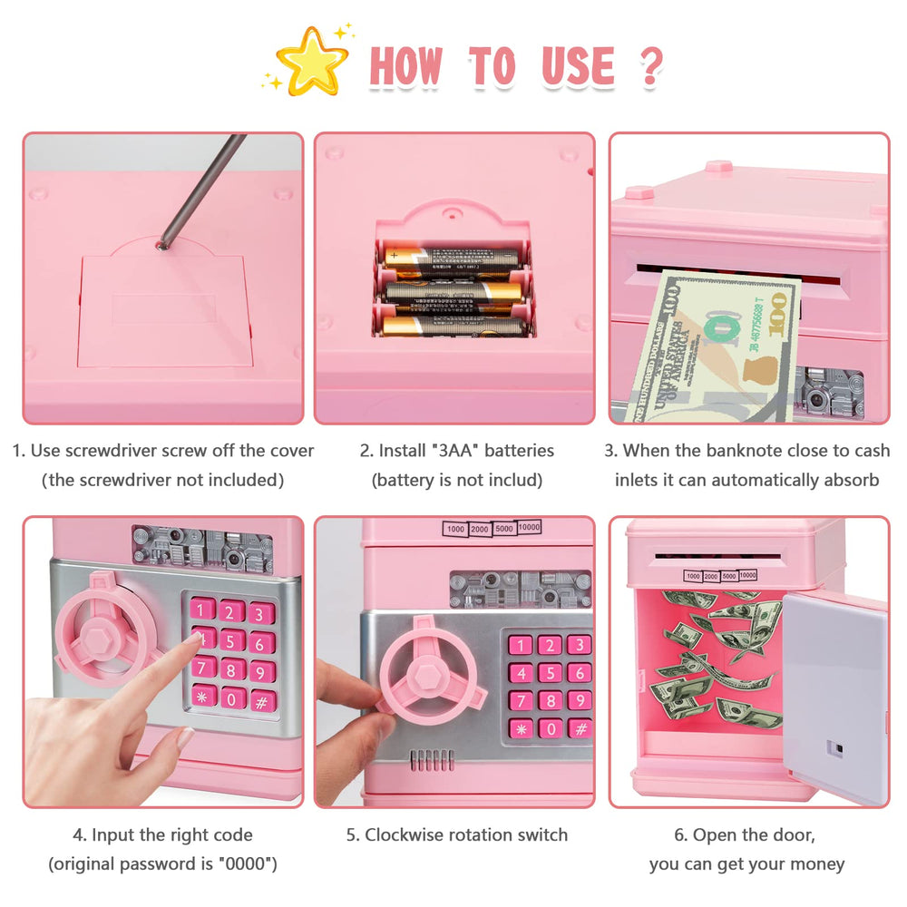 Civan ATM piggy bank pink design appeals to kids.