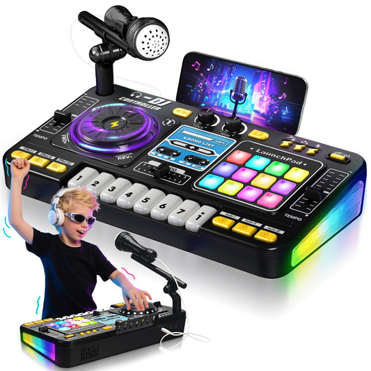 CL FUN DJ Mixer for Kids front view with colorful lights for creative play.
