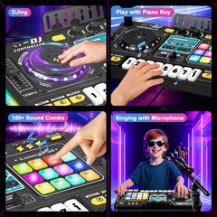 CL FUN DJ Mixer for Kids lights-on mode highlighting engaging visual effects.