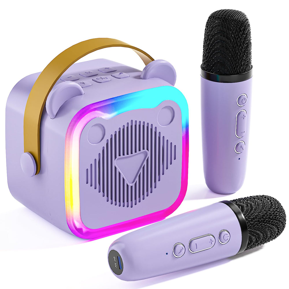 CL FUN mini karaoke purple front view with mics for kids' singing adventures.