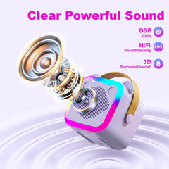CL FUN mini karaoke purple side view with wireless microphones for parties.