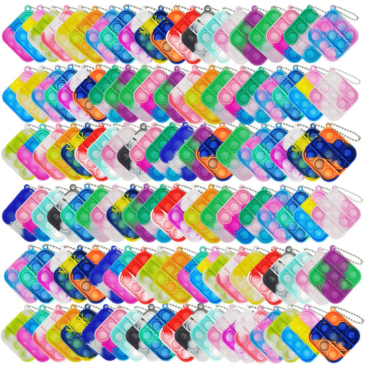 Clanam mini pop bubble square colorful keychain for kids, durable silicone texture for everyday use.
