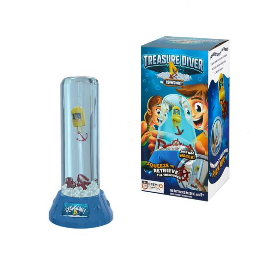 CLAWSOME Treasure Diver game packaging with diver and treasures for engaging STEM play