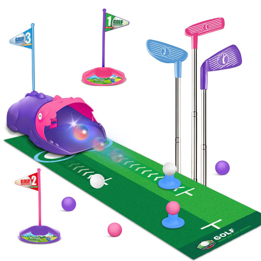 Clemas toy golf set with dinosaur mouth returner for interactive practice.