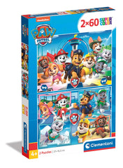Clementoni Paw Patrol puzzle 2x60 pieces laid out for kids; bright colors aid observation