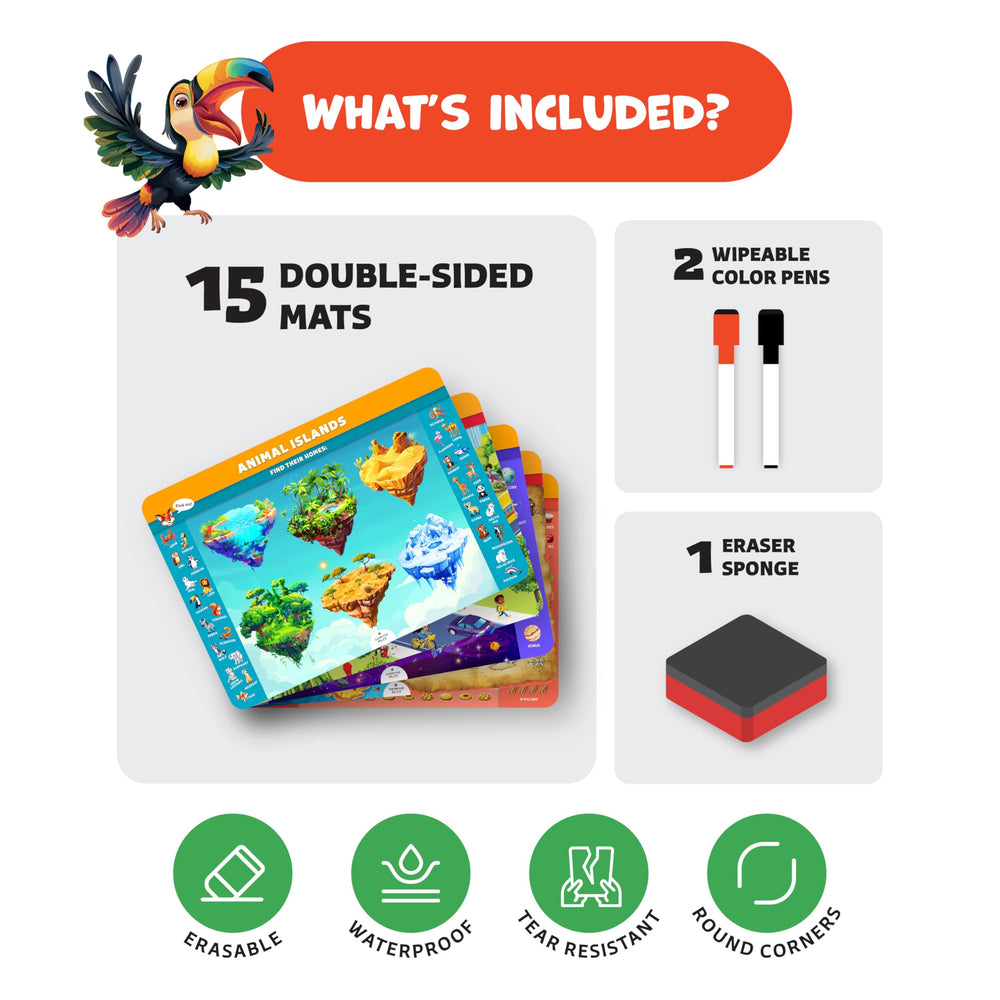 Clever Fox Play dry erase pens with eraser, enabling quick practice and reuse.