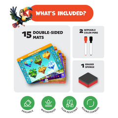 Clever Fox Play dry erase pens with eraser, enabling quick practice and reuse.
