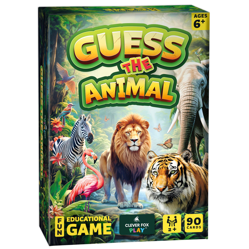 Clever Fox Play Guess The Animal card set with colorful illustrations for learning.