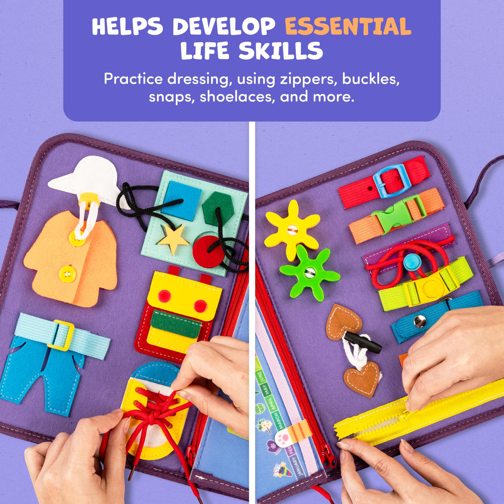 Clever Fox Play travel-friendly busy board keeps little hands occupied on trips.