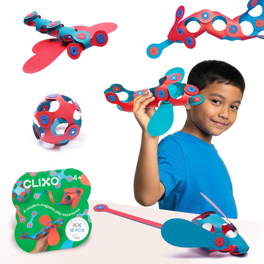 Clixo Itsy magnetic pieces assembly showing open-ended imagination and secure connections.