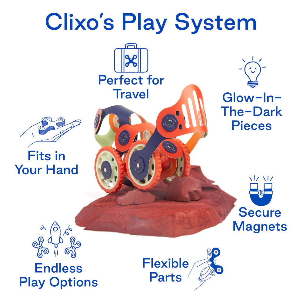 Clixo Mars Rover Pack nighttime glow adds wonder to imaginative adventures.