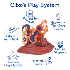 Clixo Mars Rover Pack nighttime glow adds wonder to imaginative adventures.