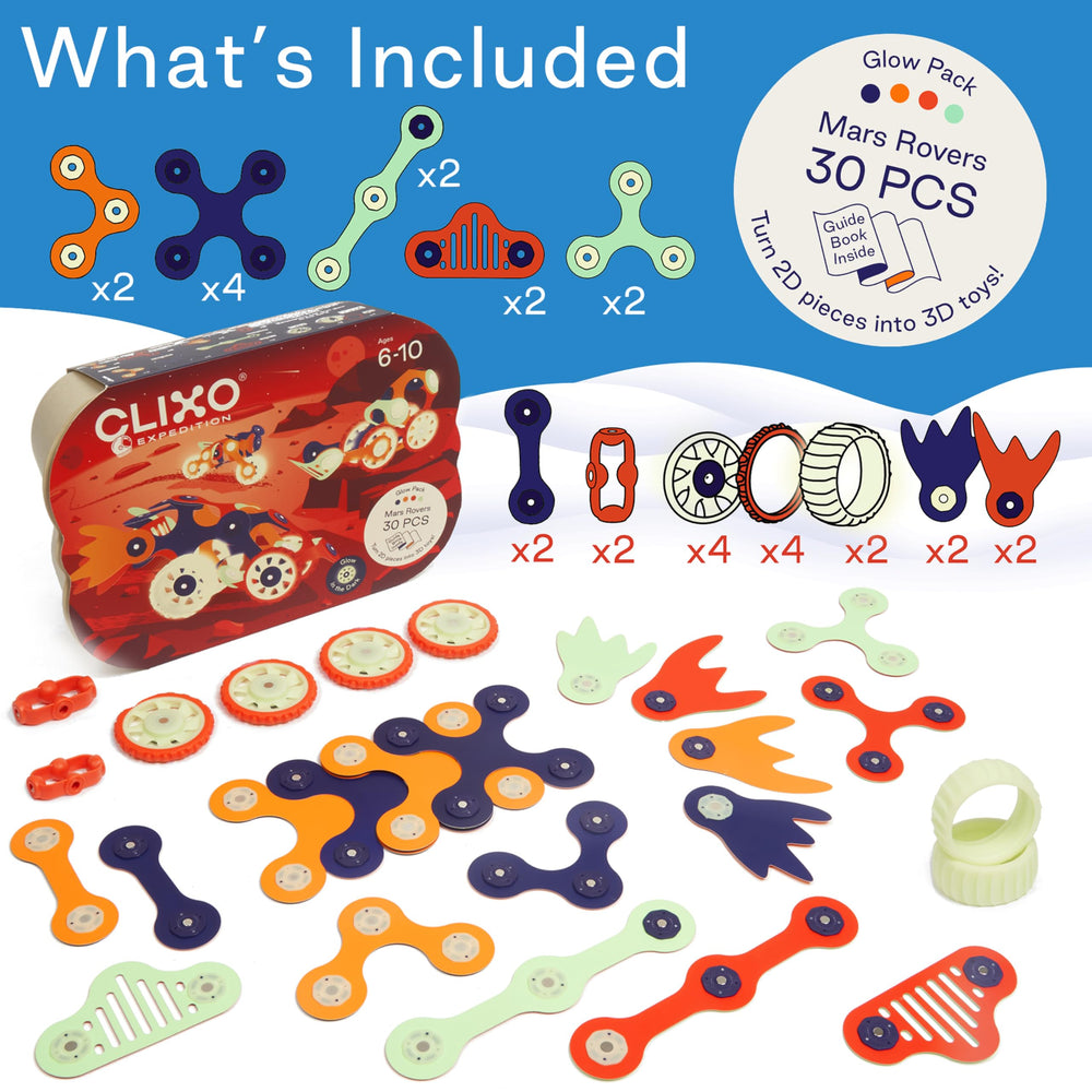 Clixo Mars Rover Pack rover-assembly demonstrates snap-together simplicity for kids.