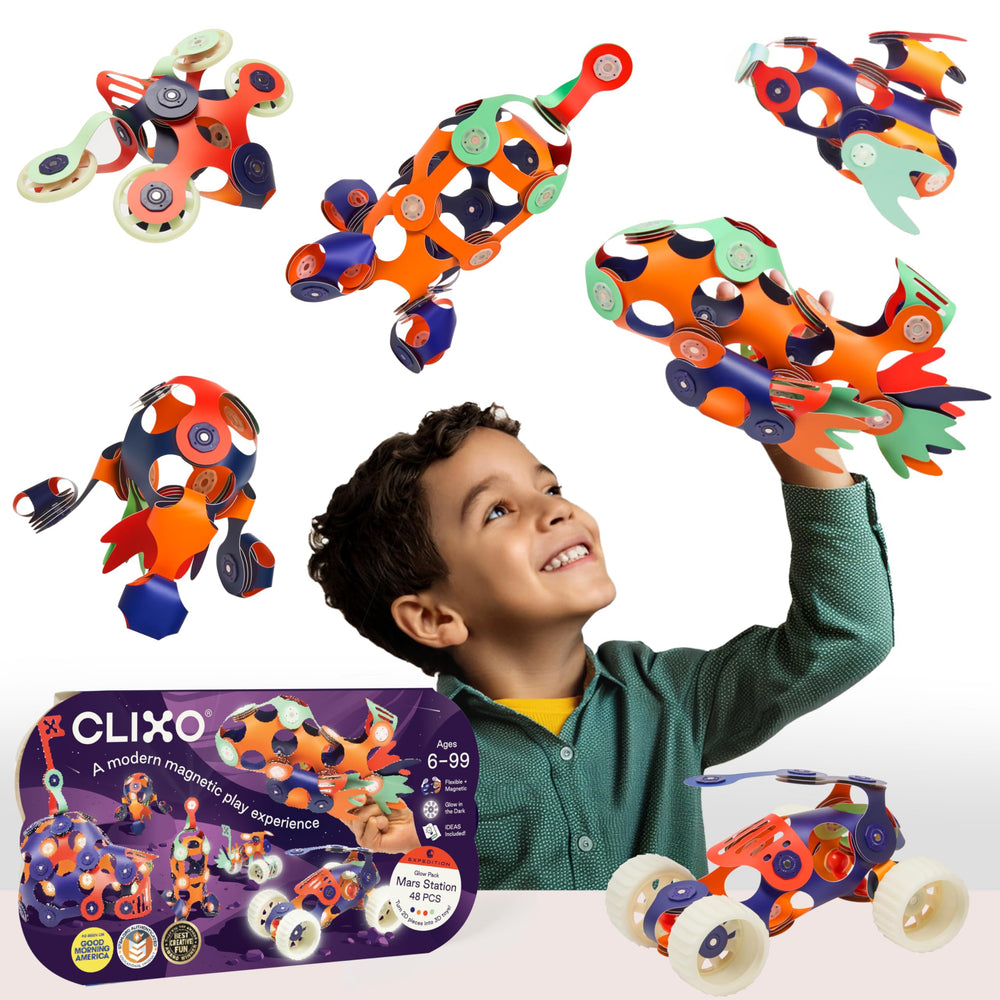 Clixo Mars Station Pack glow pieces illuminate during play for vivid space imagination.