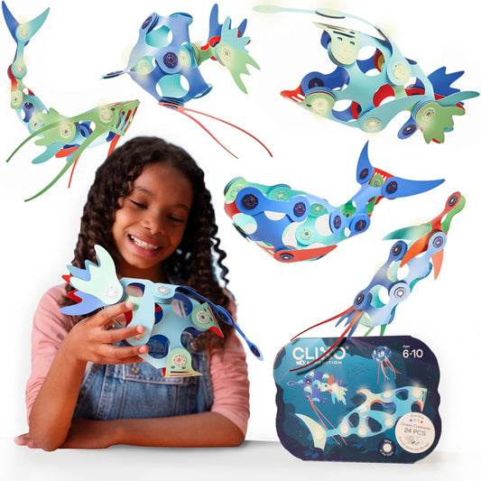Clixo Ocean Creatures Pack unboxing showing magnetic pieces for imaginative ocean play.