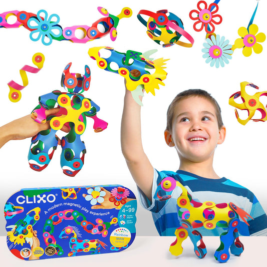 Clixo Rainbow Max 54-piece pack with flexible magnetic pieces for creative building.