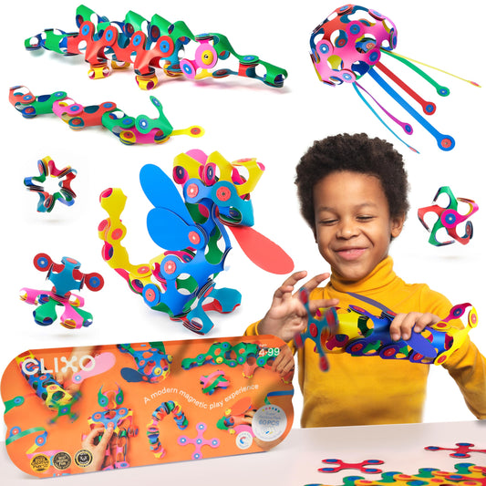 Clixo Super Rainbow 60-piece pack showing colorful magnetic pieces for endless creativity.