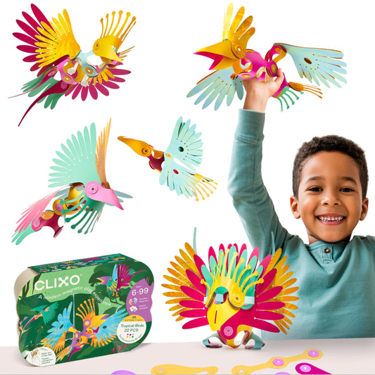 Clixo Tropical Birds wing-flapping action invites dynamic, hands-on play.