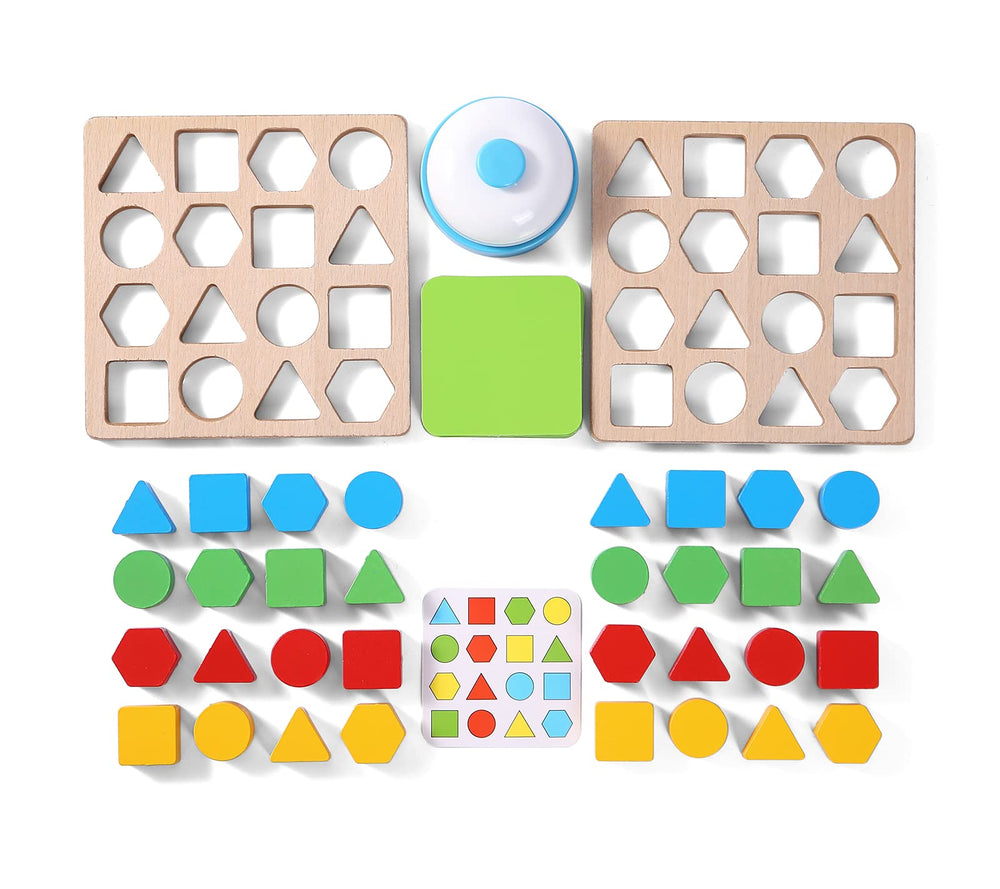 Bright wooden blocks in red, blue, green, yellow for color recognition.