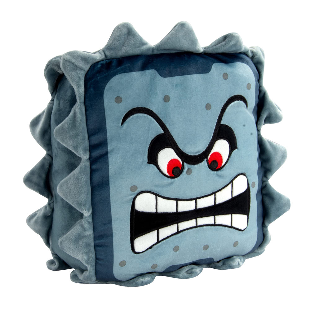 Close-up of the Thwomp plush reveals its squishy texture for display.