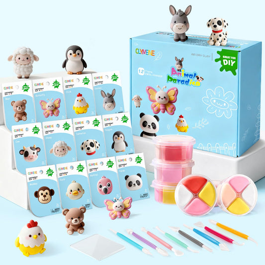 CLYMENE air-dry clay kit 12-animals: engaging, mess-free crafting for kids.