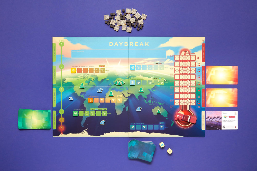 CMYK Daybreak game board showing a vibrant eco-themed map for planning.