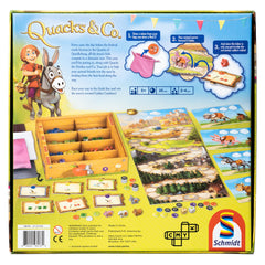 CMYK Quacks and Co. game pieces and donkey provide colorful, tactile components for quick setup.