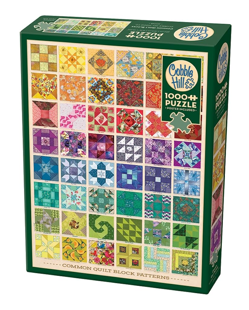 Cobble Hill Common Quilt Blocks cover art with bold colors for an inviting puzzle session