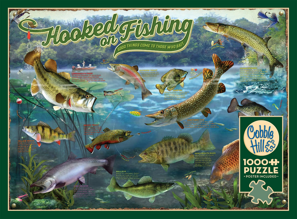 Cobble Hill Hooked on Fishing puzzle frame-ready—finished size makes framing simple.