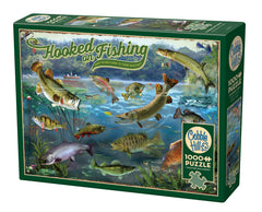 Cobble Hill Hooked on Fishing puzzle materials—linen texture and recycled cardboard enhance durability.