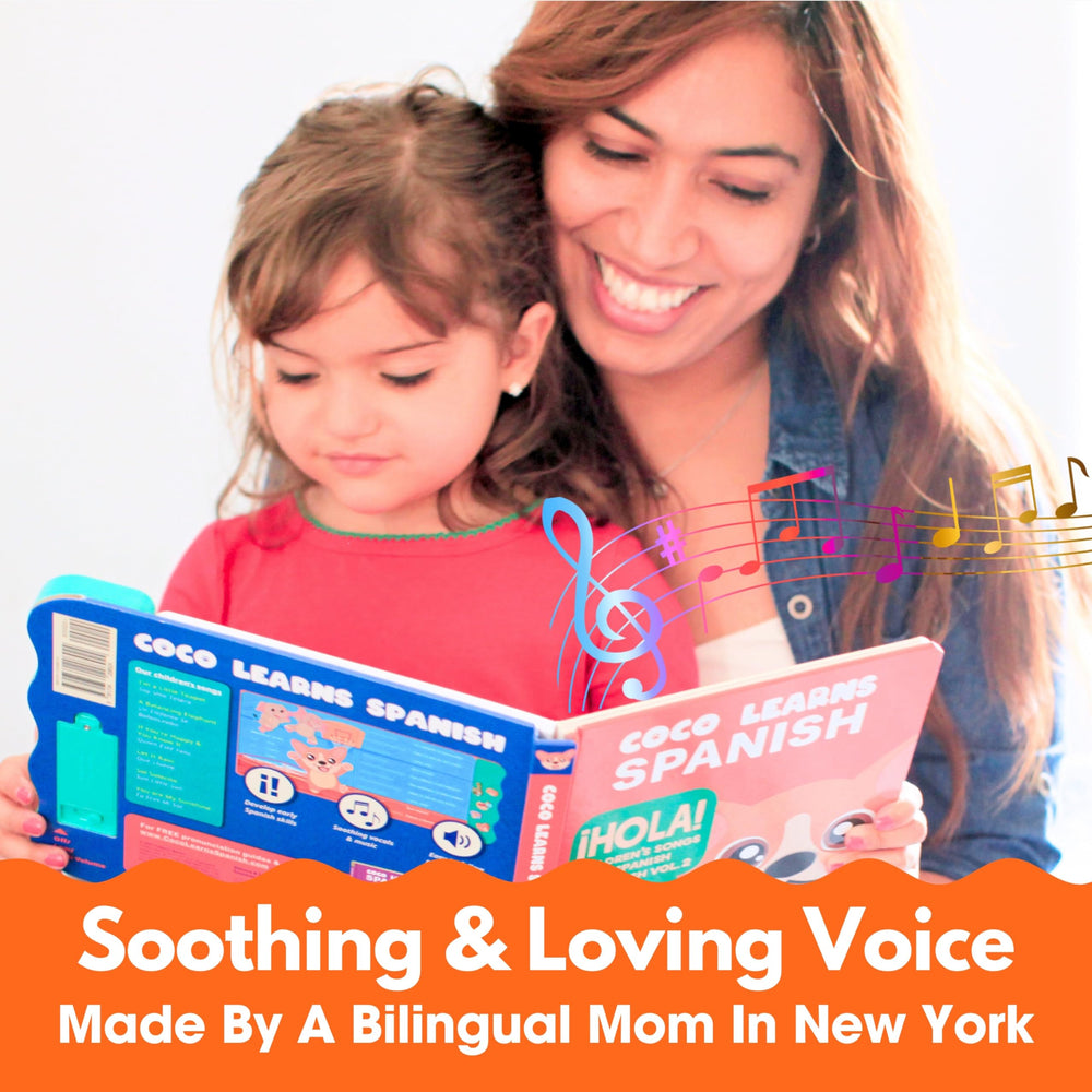 Child using Coco Learns Spanish musical toy in a cozy living room.
