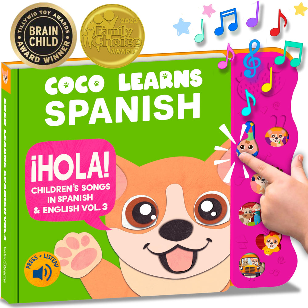 Coco Learns Spanish musical book cover inviting early bilingual exploration for kids
