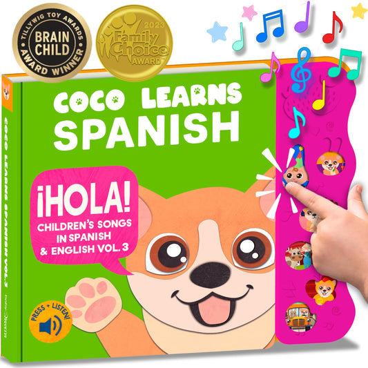 Coco Learns Spanish musical book cover inviting early bilingual exploration for kids