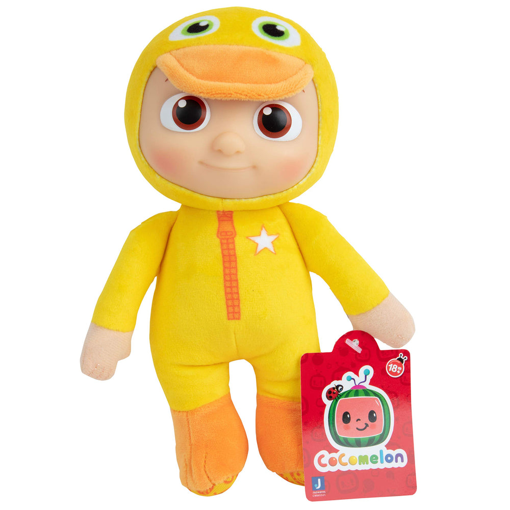 Child playing with CoComelon JJ plush duo during pretend play.