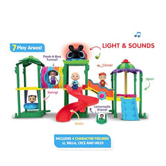 CoComelon Lane swing feature lets kids push JJ for active play.