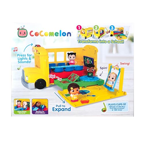 CoComelon transforming school time bus classroom play area with desks and chalkboard for roleplay.