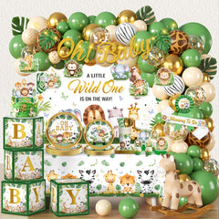 Cocomigo safari baby shower backdrop adds a playful jungle vibe for a boy's celebration.