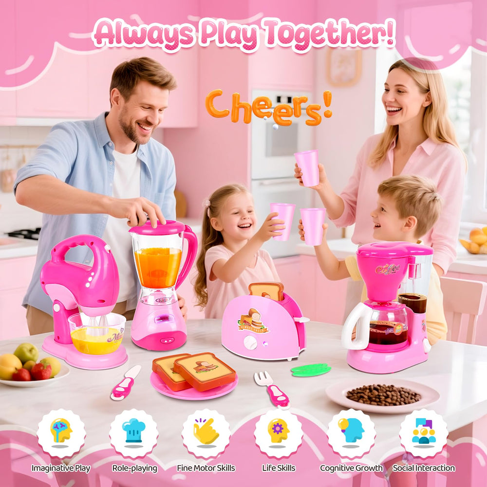 Coherny blender spins softly to inspire safe, creative beverage pretend play