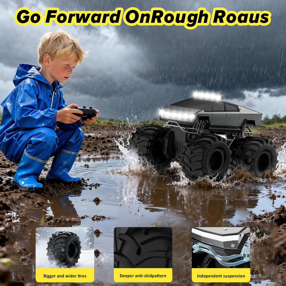 Cokzer Cyber Truck LED lights on for nighttime off-road adventures.
