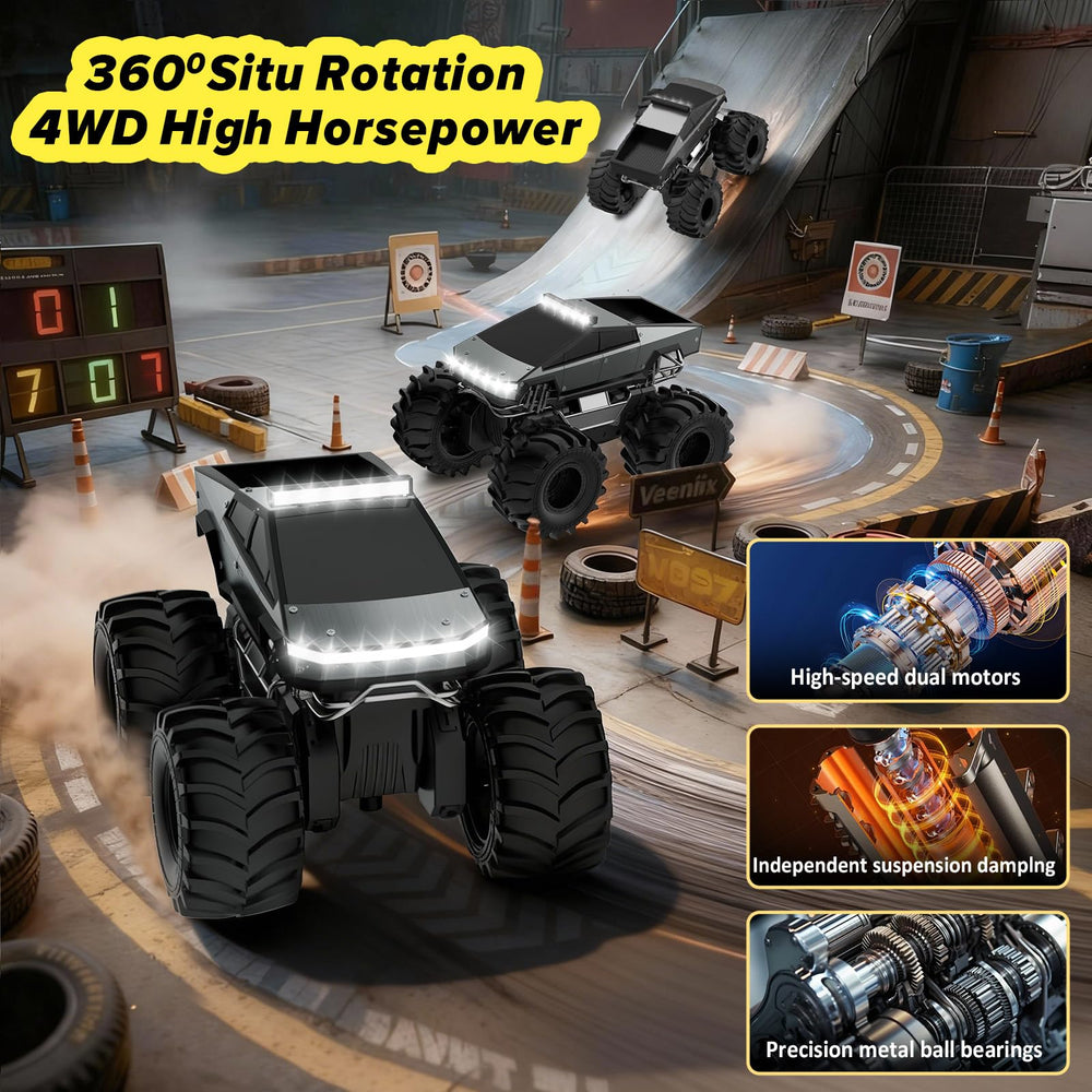 Cokzer Cyber Truck side view emphasizes four-wheel drive and off-road capability.