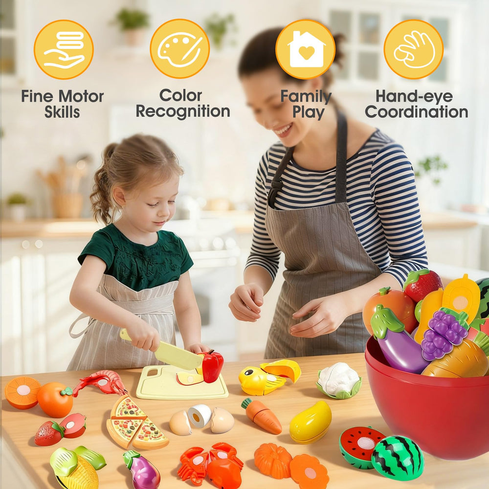 Colnic plastic knife enables safe cutting practice during pretend meals.